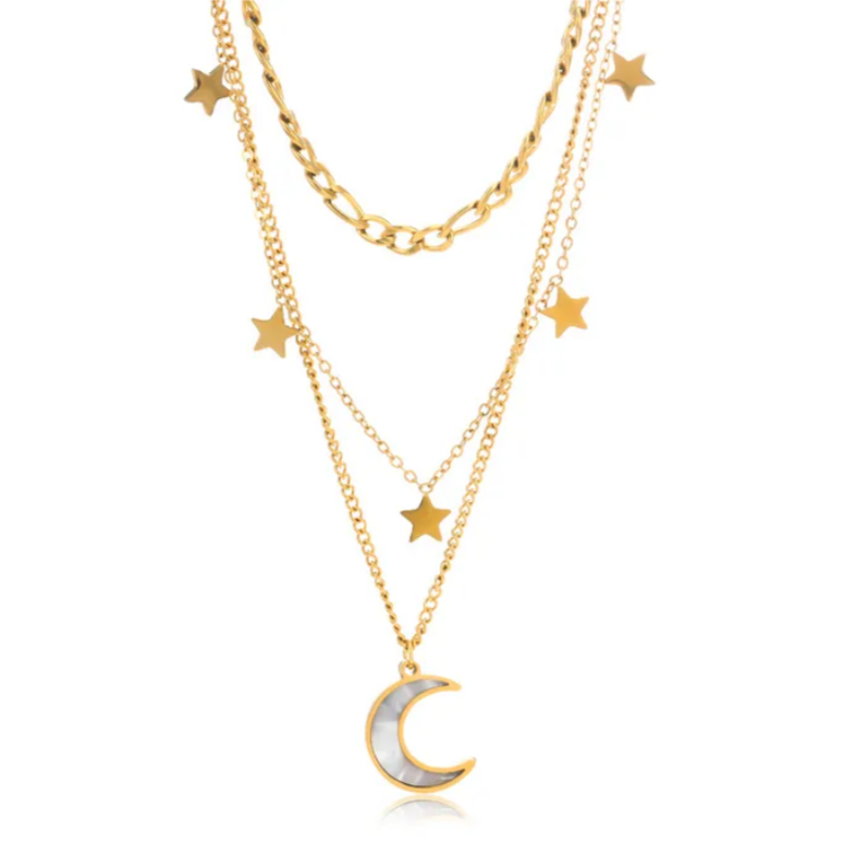 Collier triple étoiles et lune en acier inoxydable : élégant, réglable, résistant à l’eau, parfait pour un style magique et moderne au quotidien.