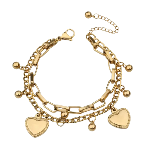 Bracelet Elys en acier inoxydable à breloques cœurs : double chaîne élégante, hypoallergénique et scintillante à chaque mouvement.