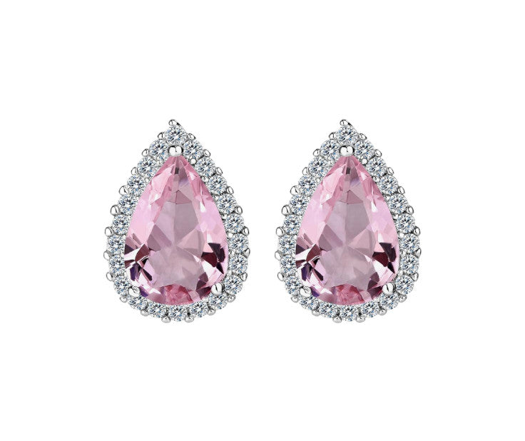 Puces d’oreilles Grace en forme de goutte, cristal rose et zircons. En acier inoxydable, résistantes à l’eau, vendues par paires.