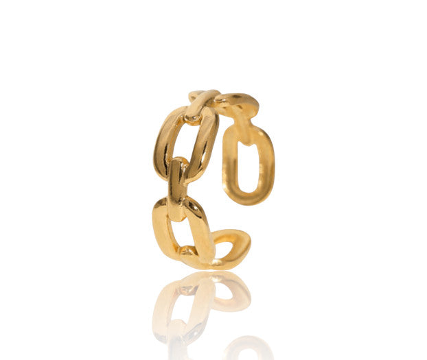 Craquez pour la bague Iké en acier inoxydable doré 18K, résistante à l’eau et ajustable. Disponible aussi en argent, parfaite pour un style chic au quotidien.