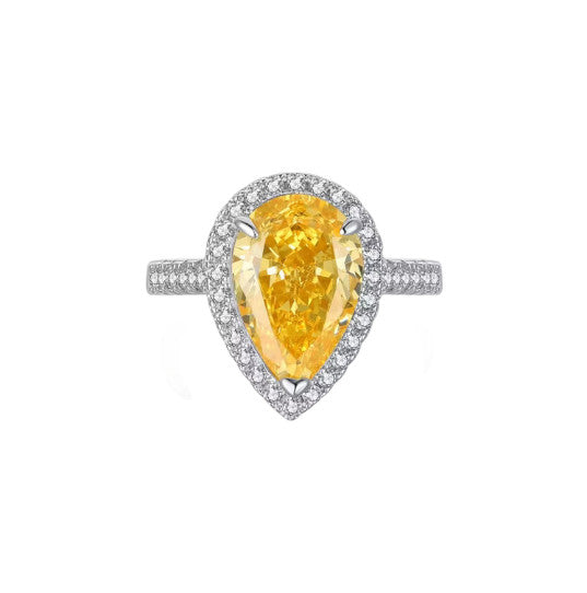 Bague Kessley en citrine jaune coupe Poire. Élégante, résistante à l’eau et lumineuse. Trouvez votre taille idéale !