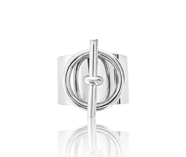 Bague Cara en acier inoxydable et argent 925, réglable, design barre et cercle. Élégante, résistante à l’eau, idéale pour affirmer votre personnalité avec audace.