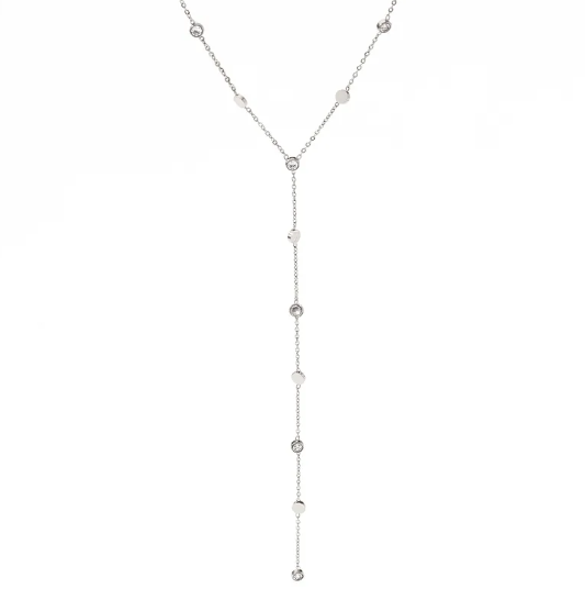 Collier long en acier inoxydable avec zircons naturels et chaîne réglable. Élégant et sophistiqué, parfait pour sublimer toutes vos tenues.