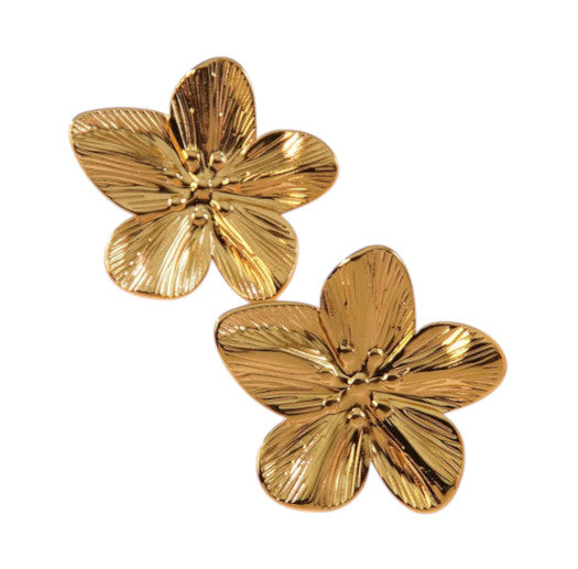 Boucles d’oreilles Ondine en acier inoxydable doré. Design floral élégant, légères et durables. Parfaites pour un look coordonné et raffiné.
